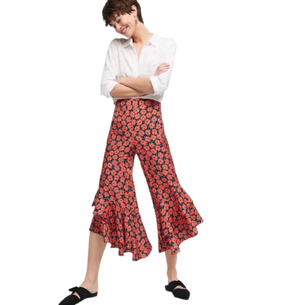 Anthropologie Orange Floral Ruffle Capris - 12